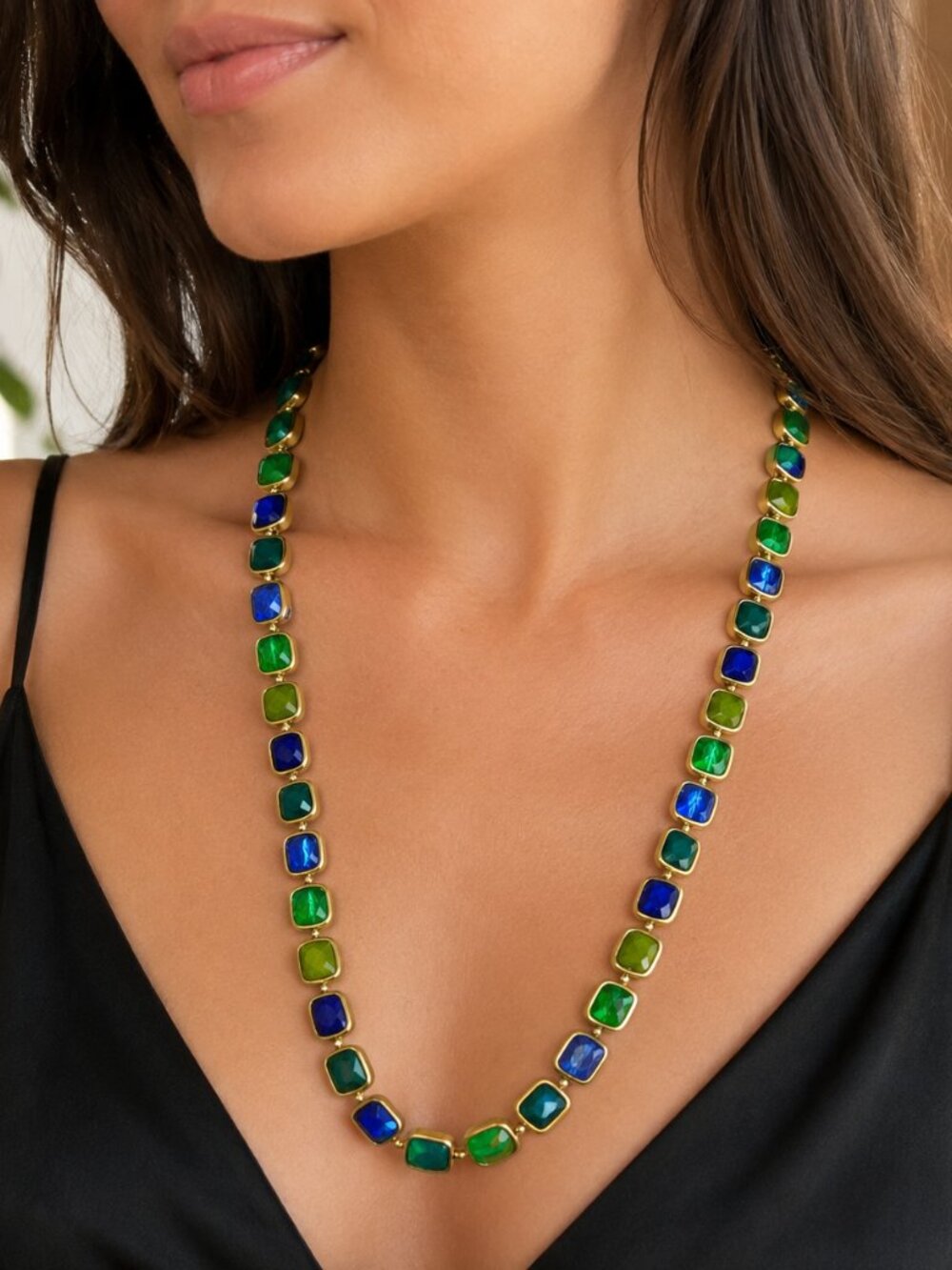Long Blue & Green Statement Necklace – Gold-Tone Convertible Strand